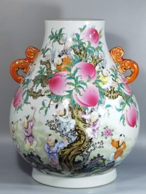 Qing Dynasty Qianlong pastel-painted boy with poem on peach pair of blessed buckets