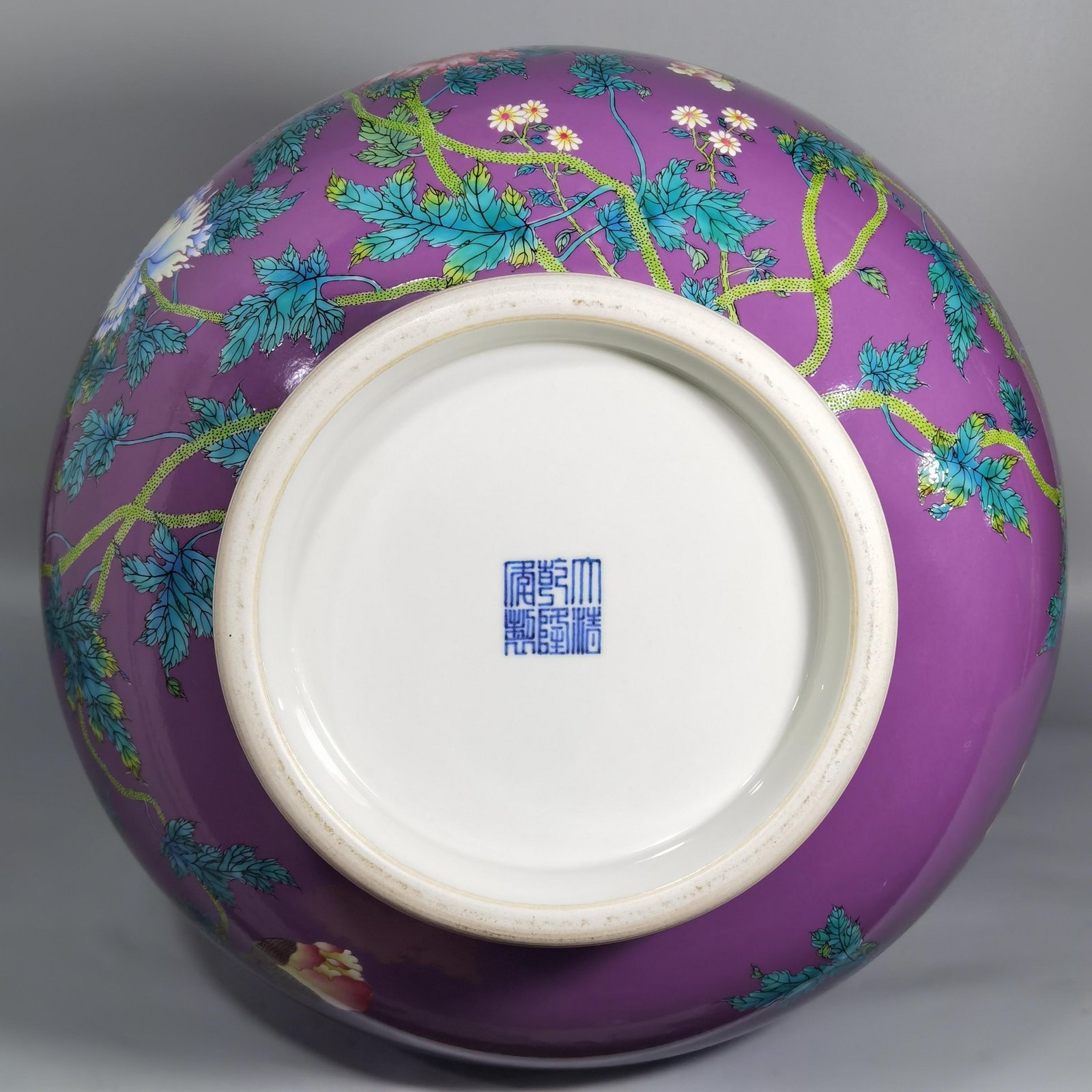 Qing Dynasty Qianlong purple ground and pastel poppy poem pattern vase