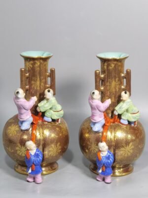 Qing Dynasty Qianlong purple gold glaze and gold pastel three-eared boy's vase