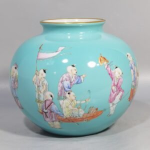 Qing Dynasty Qianlong green and pastel baby playing pomegranate jar