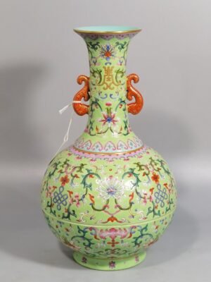 Qing Dynasty Qianlong green and pastel color double-ear capped bottle