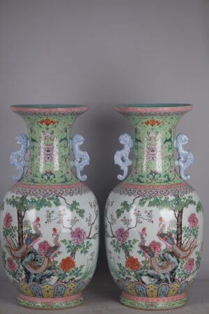 Qing Dynasty Qianlong pair of large phoenix peony amphorae with panoramic views of pastel vases