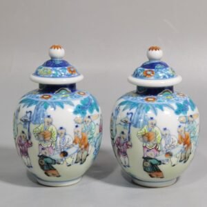 Qing Dynasty Qianlong blue and white colored baby playing picture covered jar