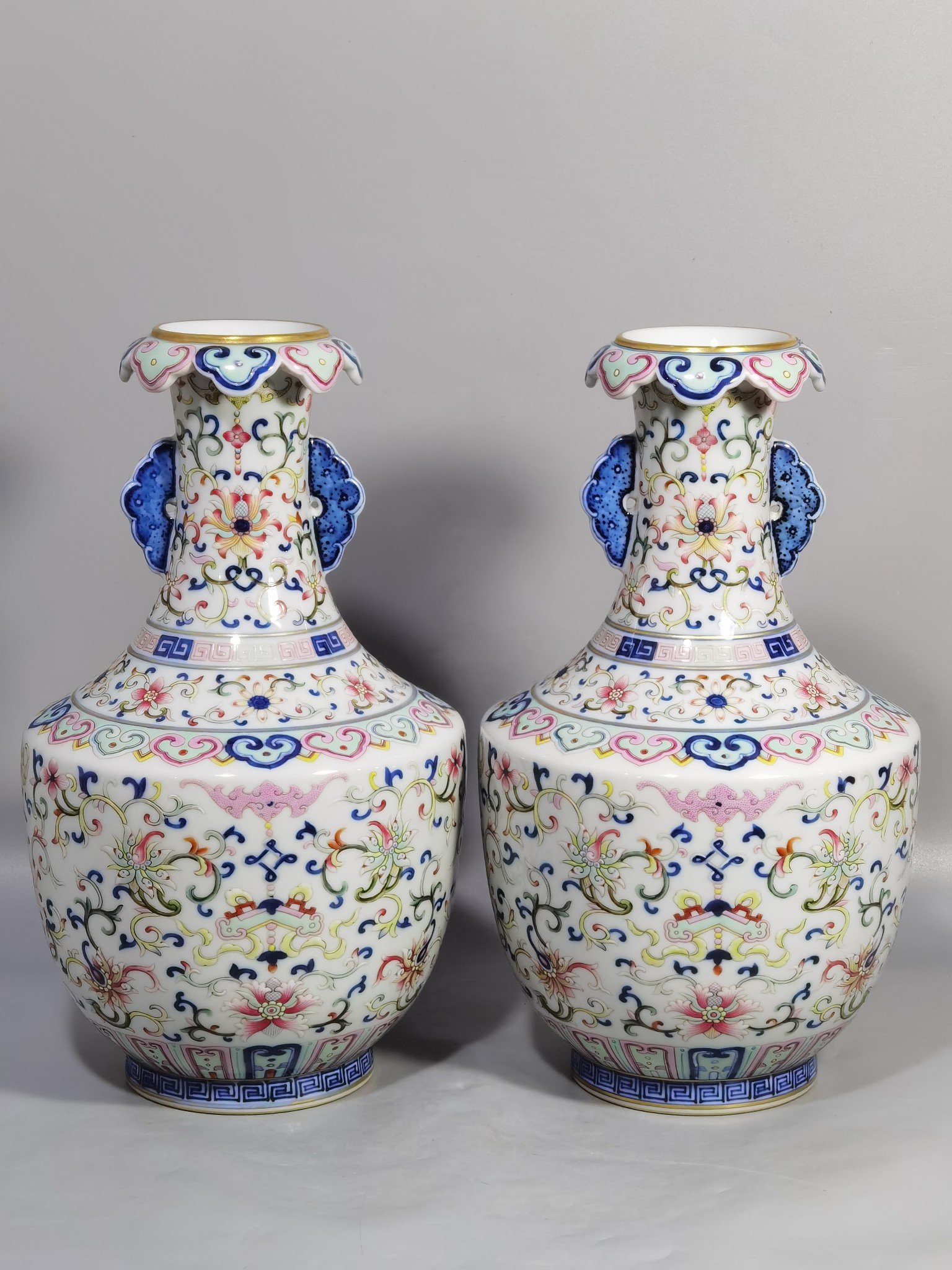 Qing Dynasty Qianlong blue and white pastel color blessing and longevity vase