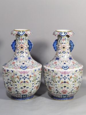 Qing Dynasty Qianlong blue and white pastel color blessing and longevity vase