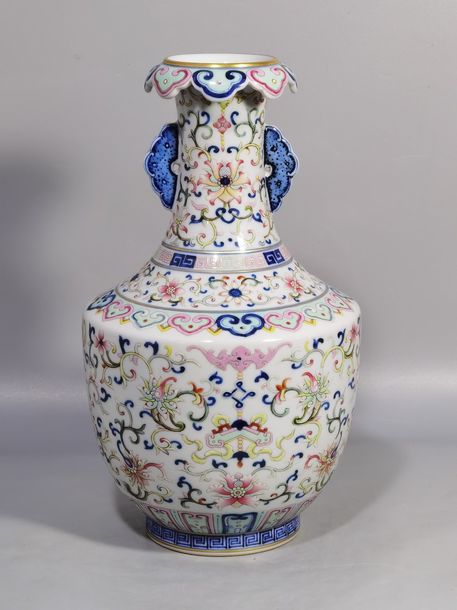 Qing Dynasty Qianlong blue and white pastel color blessing and longevity vase