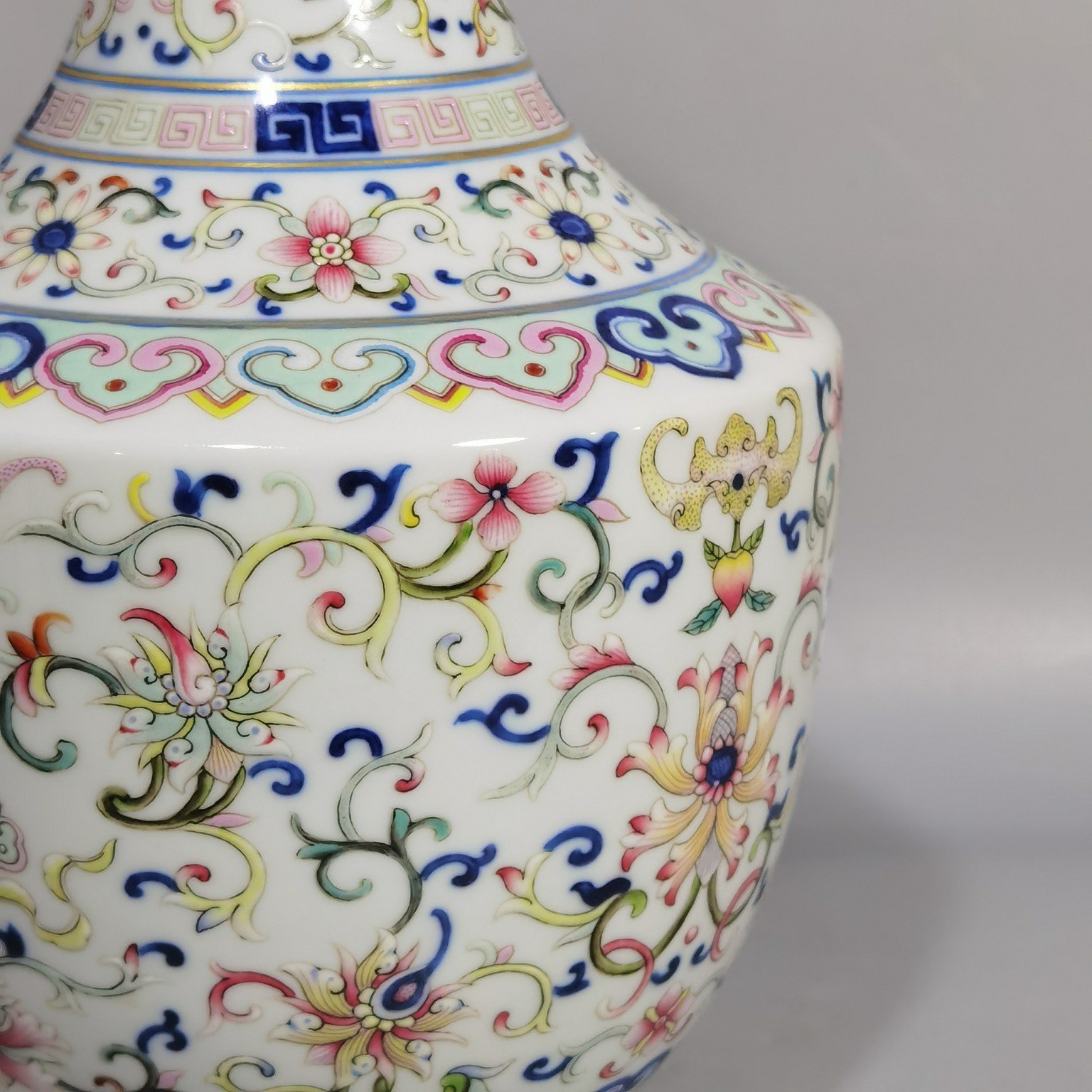 Qing Dynasty Qianlong blue and white pastel color blessing and longevity vase