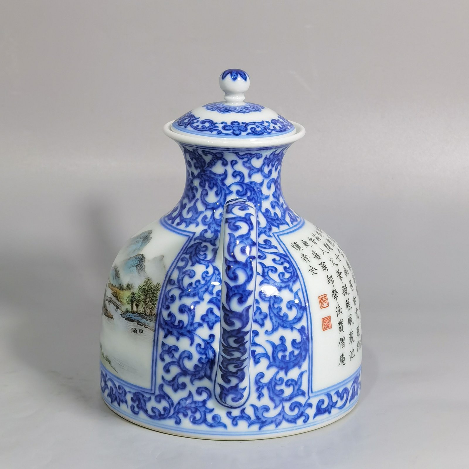 Qing Dynasty Qianlong blue and white intertwining ngustifolia figures poetry teapot