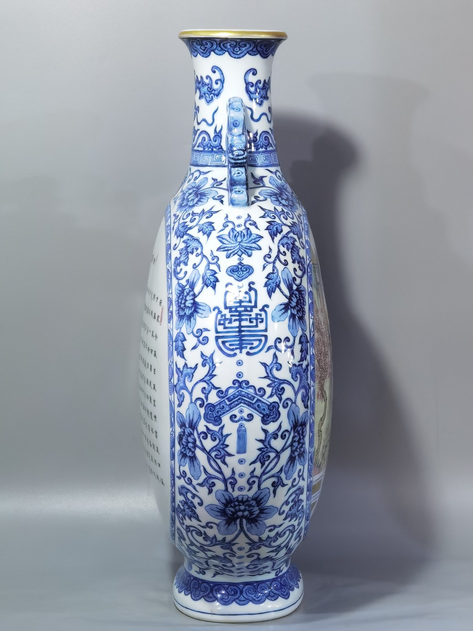Qing Dynasty Qianlong blue and white intertwined branches elegant gathering of the West Garden flat vase