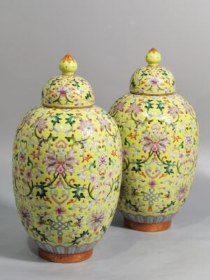 Qing Dynasty Qianlong pair of yellow ground pastel passion fruit jars with lids