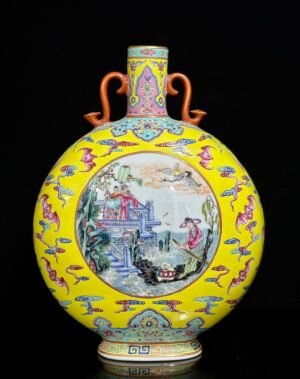 Qing Dynasty Qianlong lemon yellow glazed cloud bat window double-eared moon vase