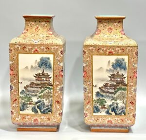 Qing Dynasty Qianlong enamel square vase with gilded windows