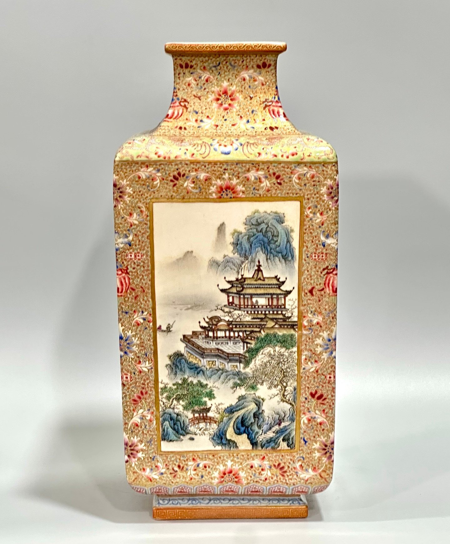 Qing Dynasty Qianlong enamel square vase with gilded windows
