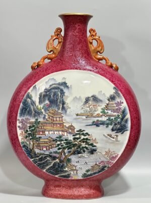 Qing Dynasty Qianlong Enamel and rouge red track flower vase with window