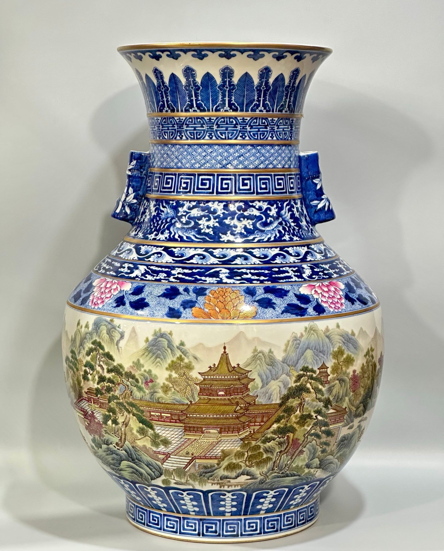 Qing Dynasty Qianlong Enamel blue lace border landscape pavilion figures
