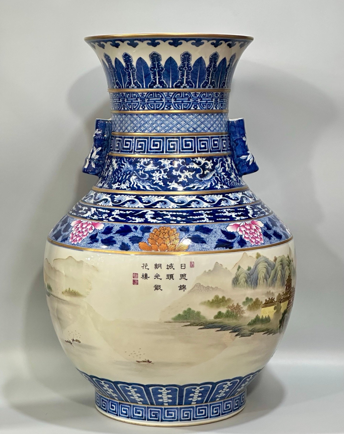 Qing Dynasty Qianlong Enamel blue lace border landscape pavilion figures