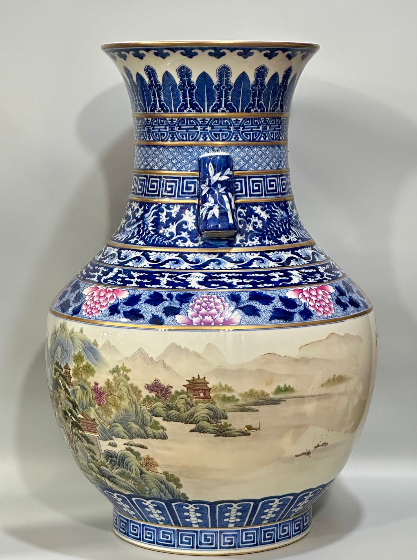 Qing Dynasty Qianlong Enamel blue lace border landscape pavilion figures