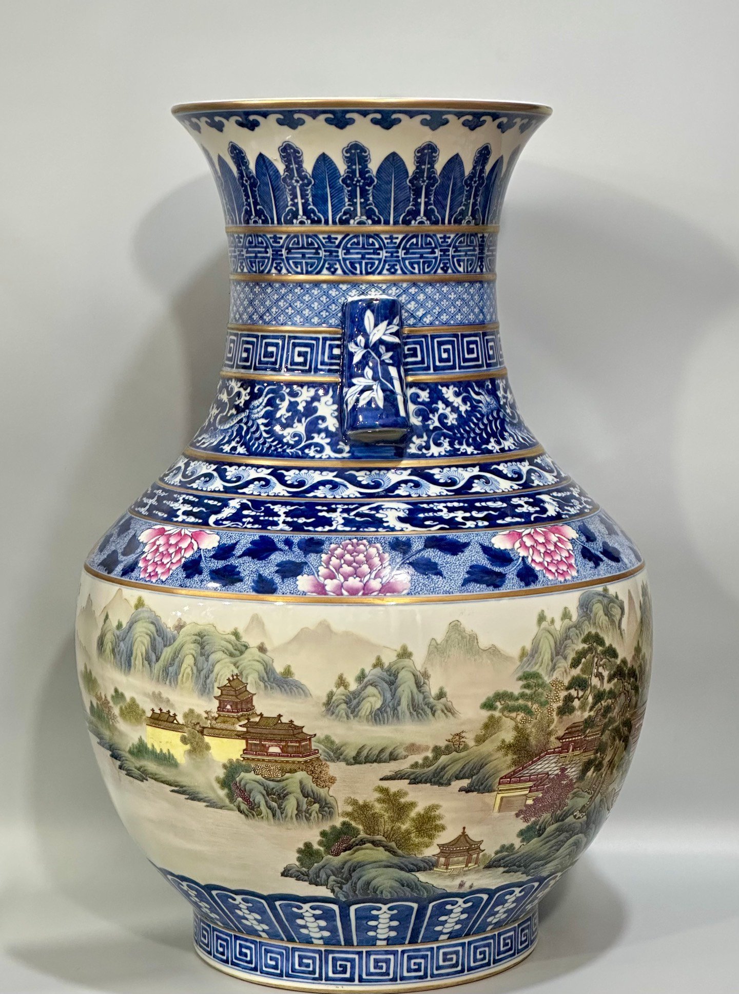 Qing Dynasty Qianlong Enamel blue lace border landscape pavilion figures