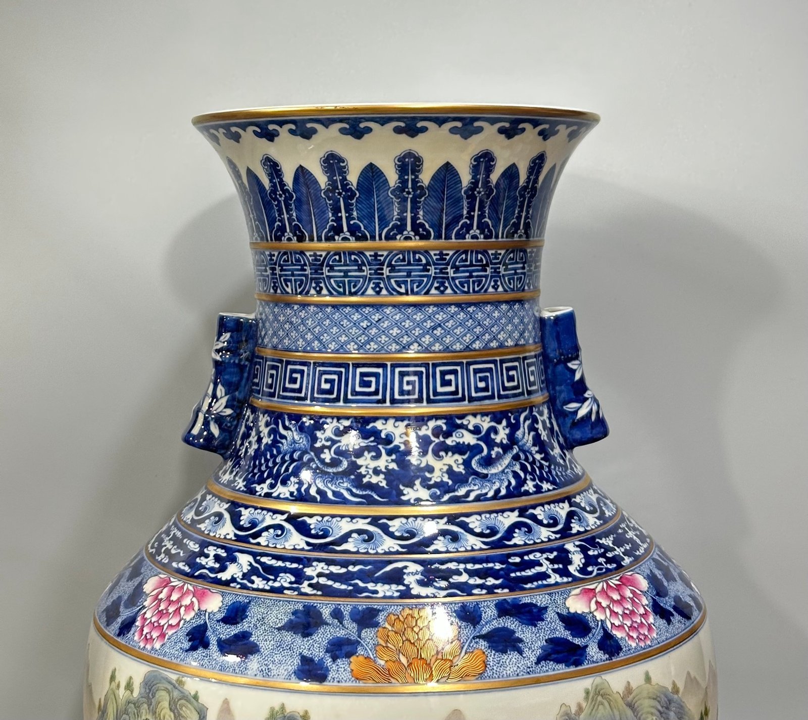 Qing Dynasty Qianlong Enamel blue lace border landscape pavilion figures