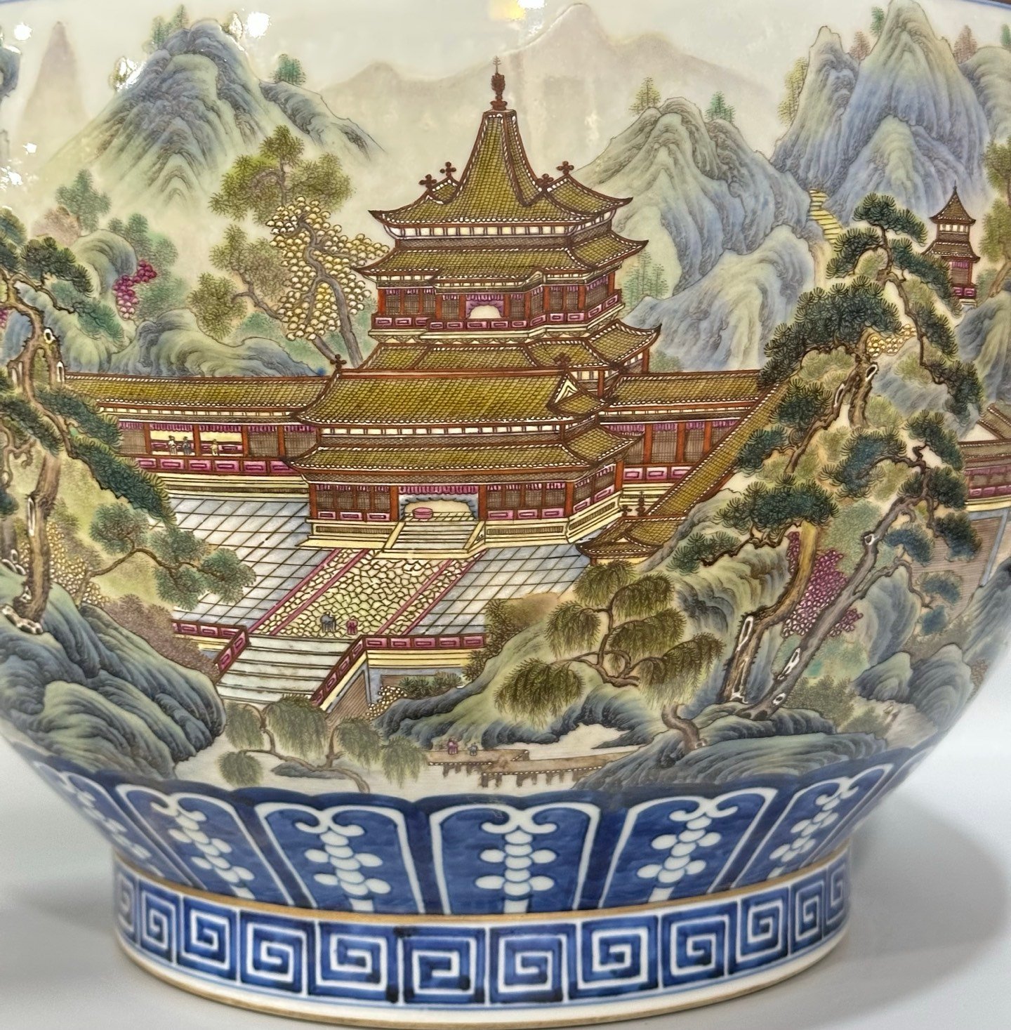 Qing Dynasty Qianlong Enamel blue lace border landscape pavilion figures