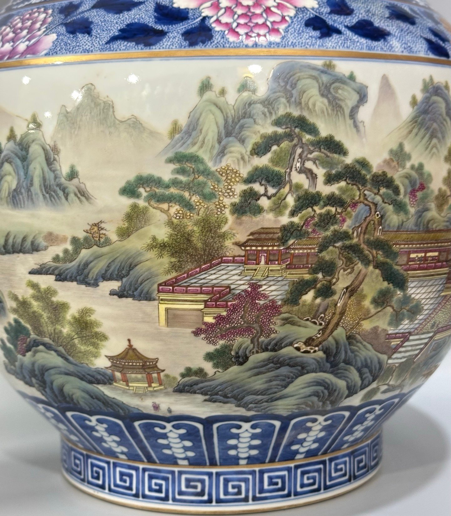 Qing Dynasty Qianlong Enamel blue lace border landscape pavilion figures