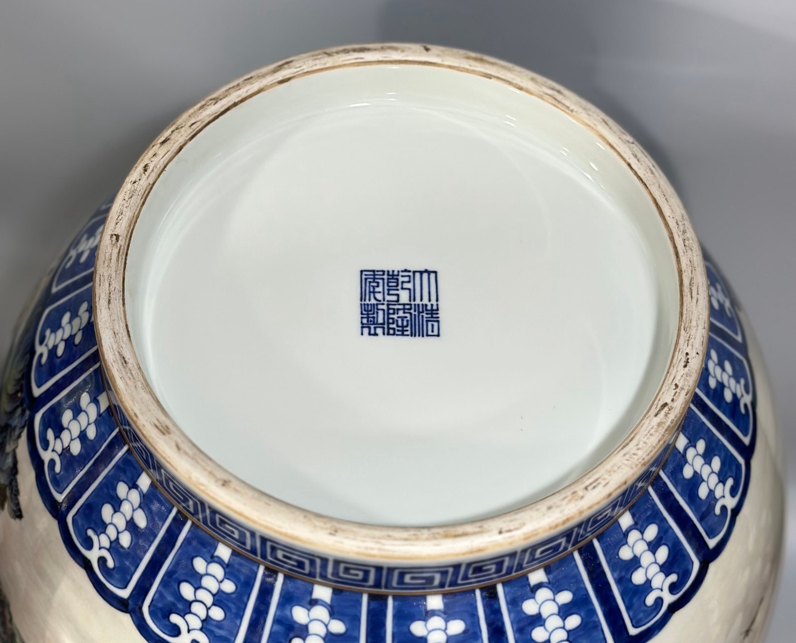Qing Dynasty Qianlong Enamel blue lace border landscape pavilion figures