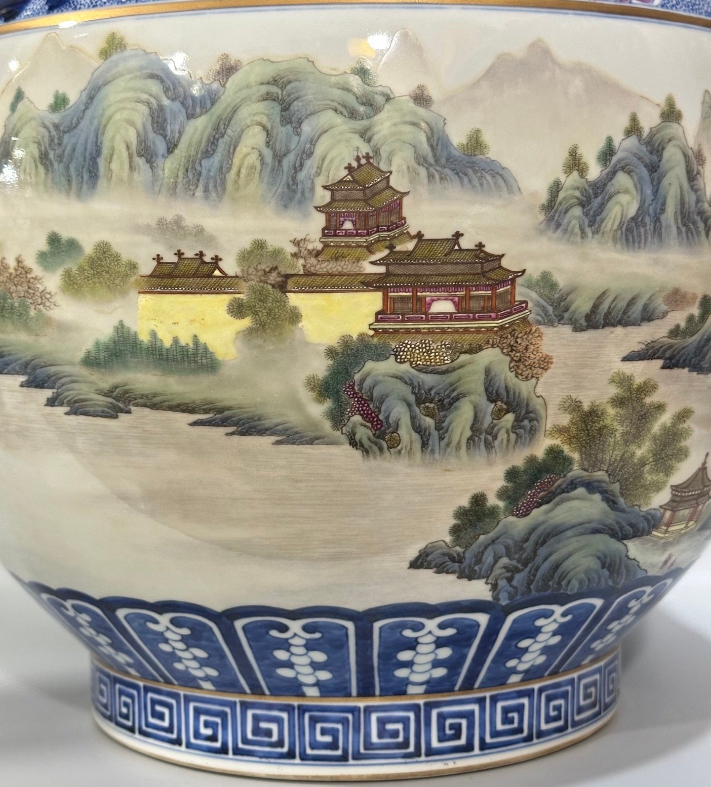 Qing Dynasty Qianlong Enamel blue lace border landscape pavilion figures