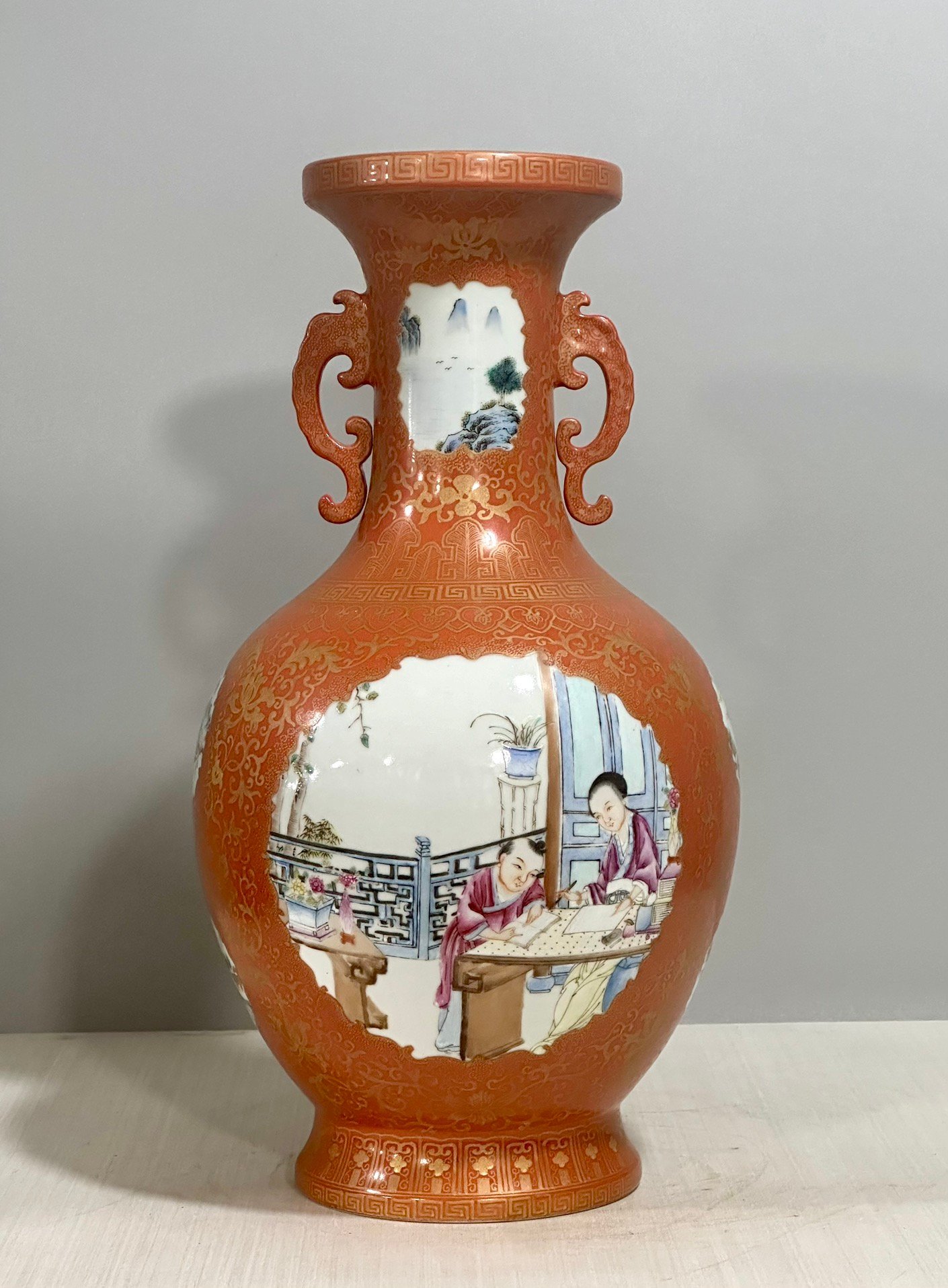 Qing Dynasty Qianlong pastel coral red amphora