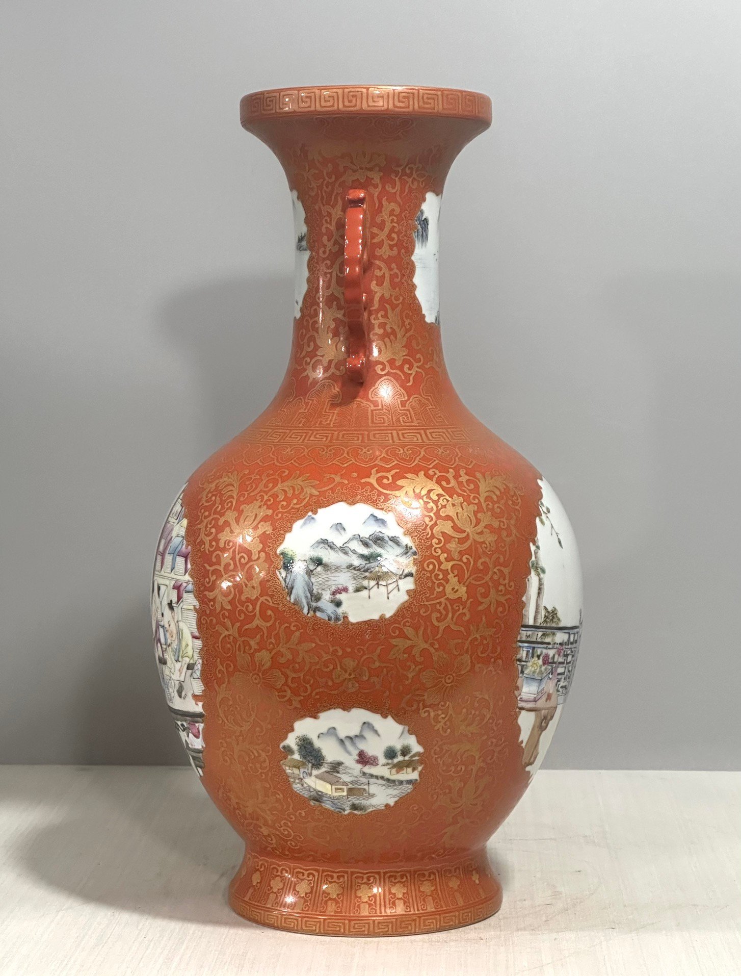 Qing Dynasty Qianlong pastel coral red amphora
