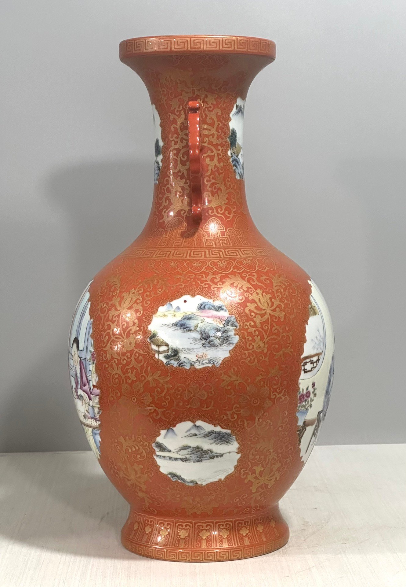 Qing Dynasty Qianlong pastel coral red amphora