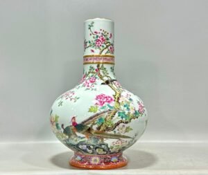Qing Dynasty Qianlong Pastel flower and bird poems and celestial sphere vase