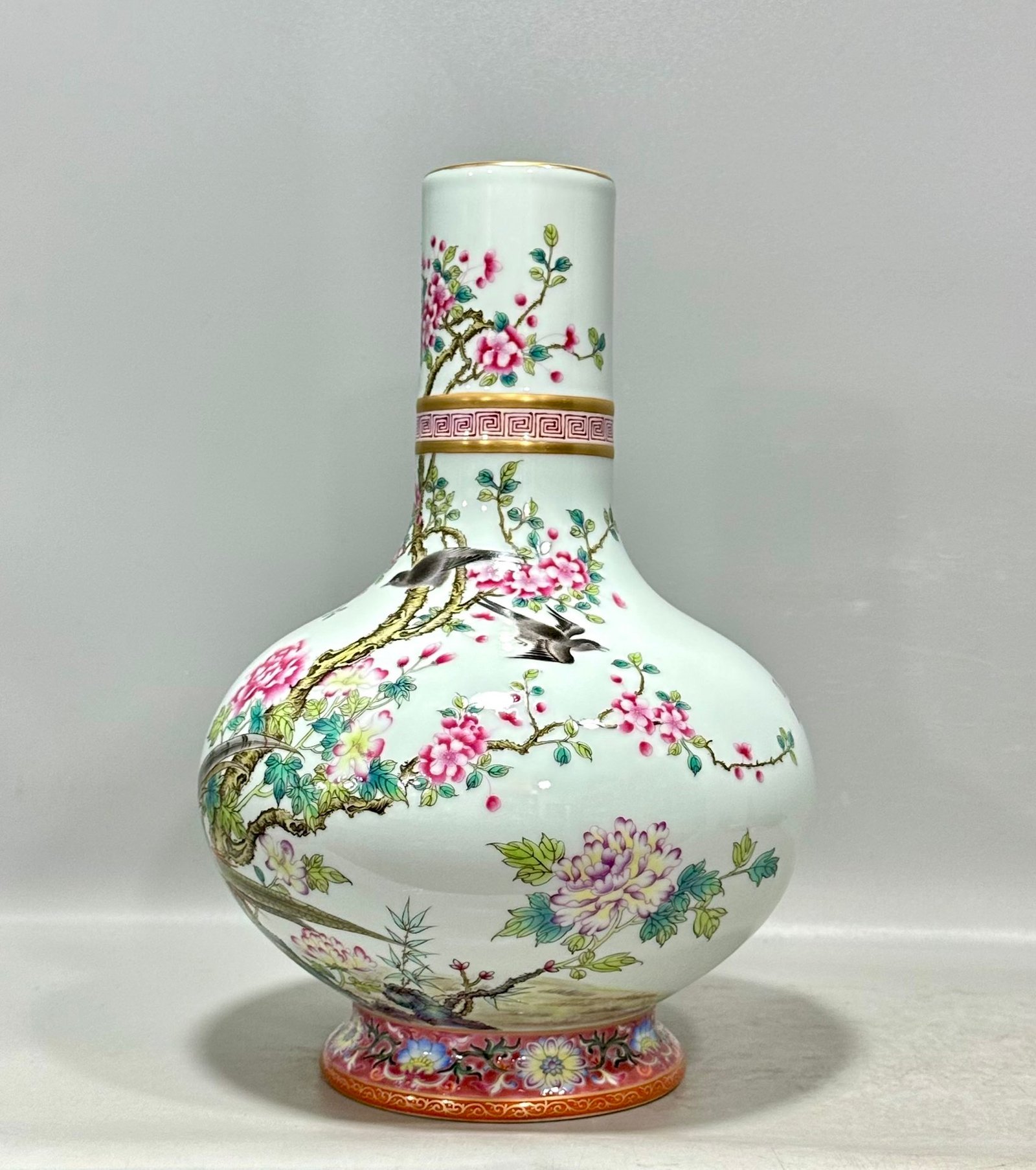 Qing Dynasty Qianlong Pastel flower and bird poems and celestial sphere vase