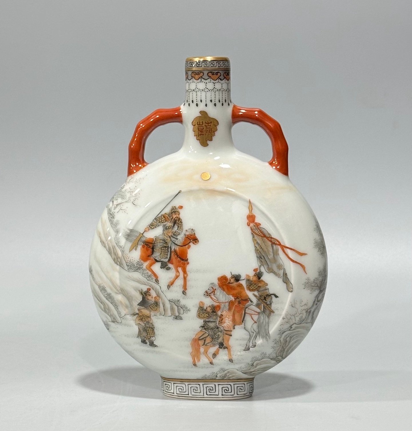 Qing Dynasty Qianlong red ink and gold color depicting characters and stories small moon vase