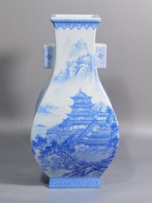 Qing Dynasty Qianlong green enamel blue material pavilion landscape objects square ear vase