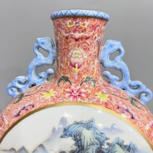 Qing Dynasty Qianlong Consecrated flat vase with pastel phoenix grass