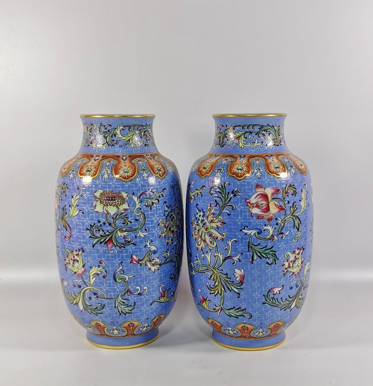Qing Dynasty Qianlong a blue-ground pastel-painted gilt-painted winter melon vase
