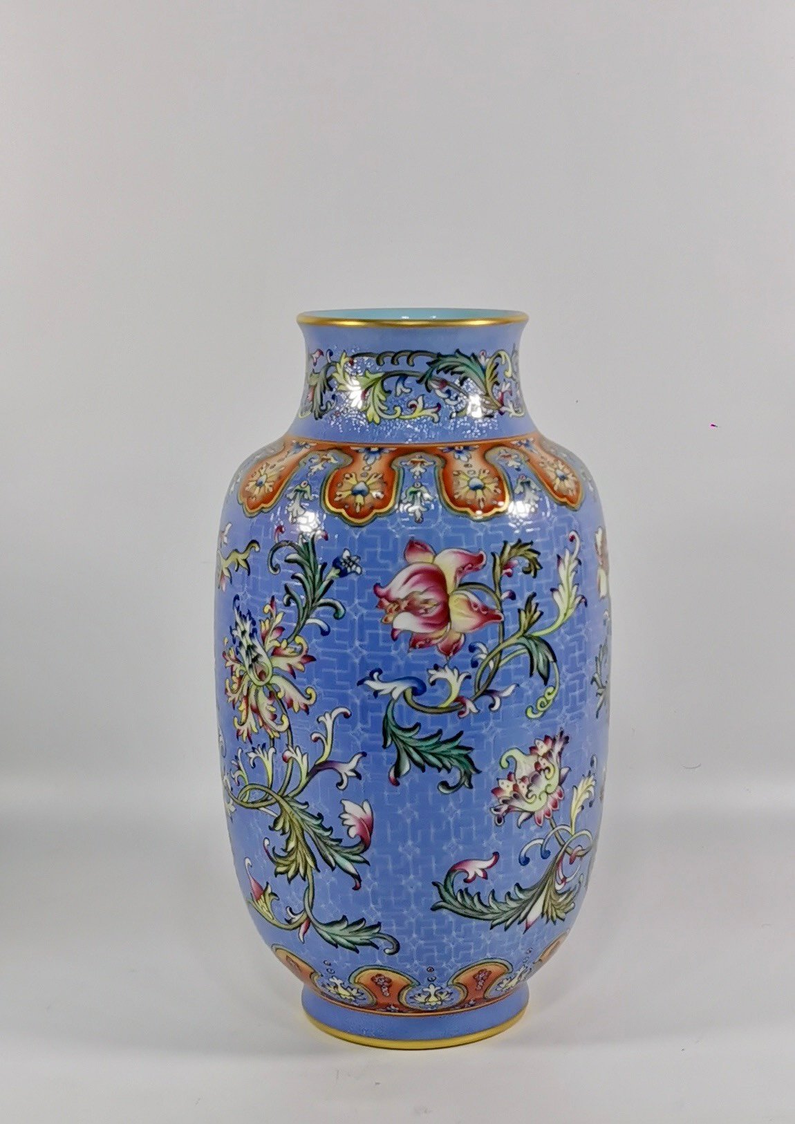 Qing Dynasty Qianlong a blue-ground pastel-painted gilt-painted winter melon vase