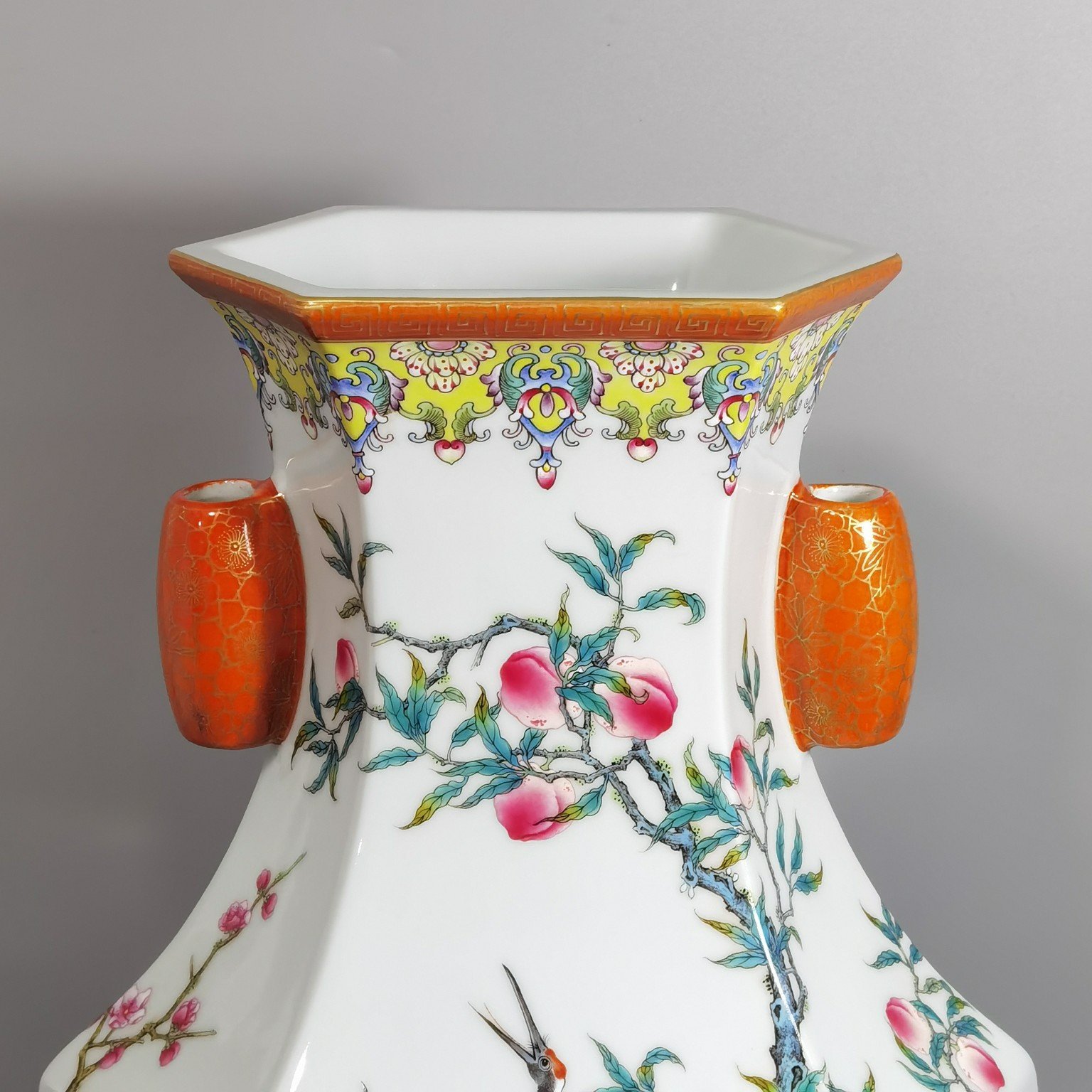 Qing Dynasty Qianlong enamel double cranes with spring ears six-square vase
