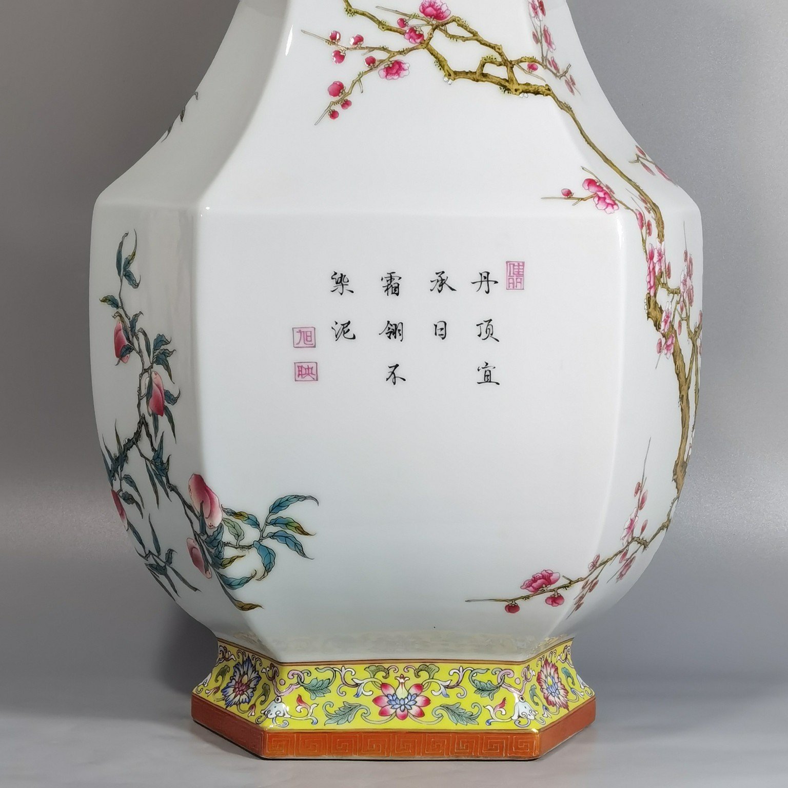Qing Dynasty Qianlong enamel double cranes with spring ears six-square vase