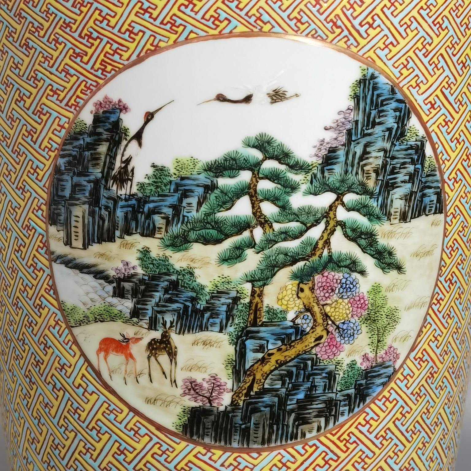 Qing Dynasty Qianlong pastel windowed deer and crane with spring stick vase