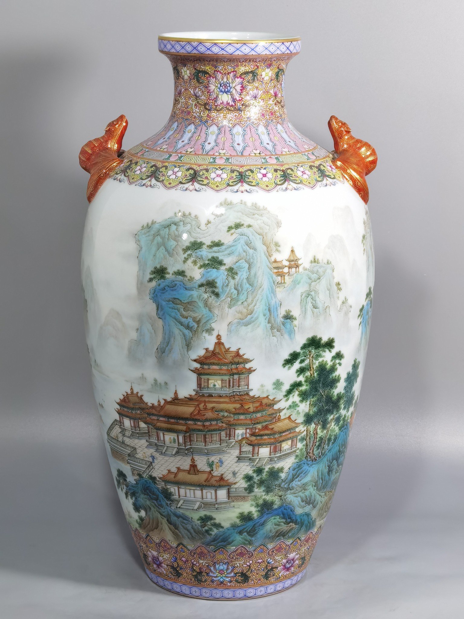 Qing Dynasty Qianlong pastel landscape pavilion and pavilion amphorae