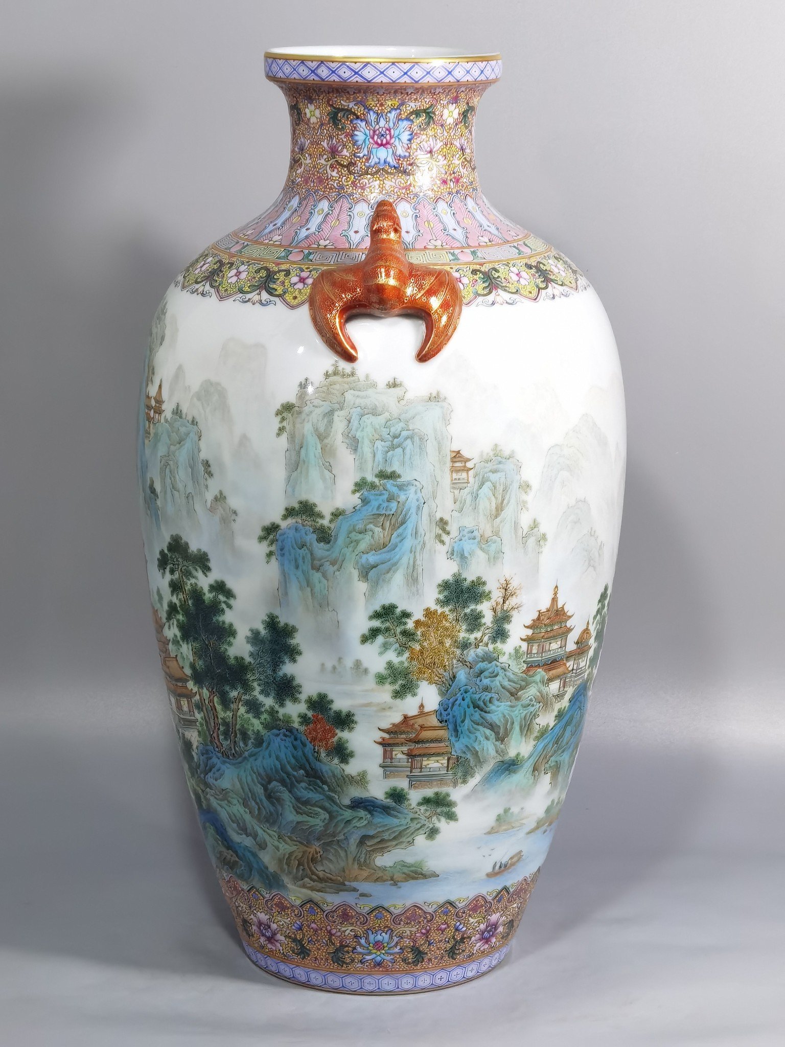 Qing Dynasty Qianlong pastel landscape pavilion and pavilion amphorae