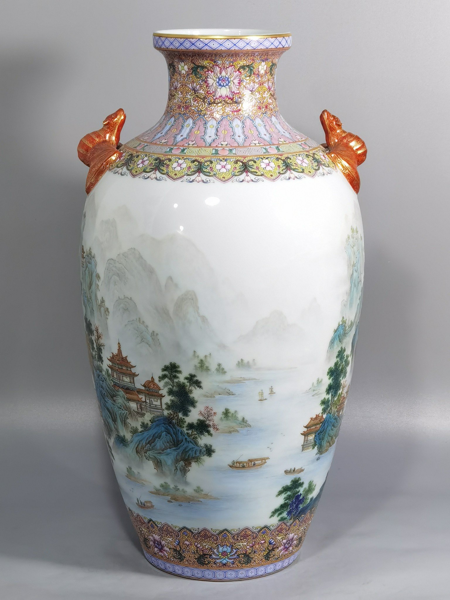 Qing Dynasty Qianlong pastel landscape pavilion and pavilion amphorae