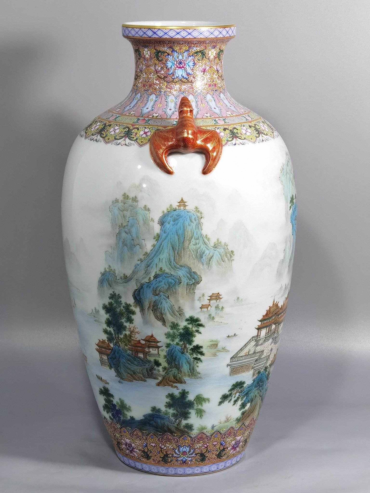 Qing Dynasty Qianlong pastel landscape pavilion and pavilion amphorae
