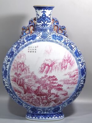 Qing Dynasty Qianlong blue and white enamel agate and red landscape figures flat bottle