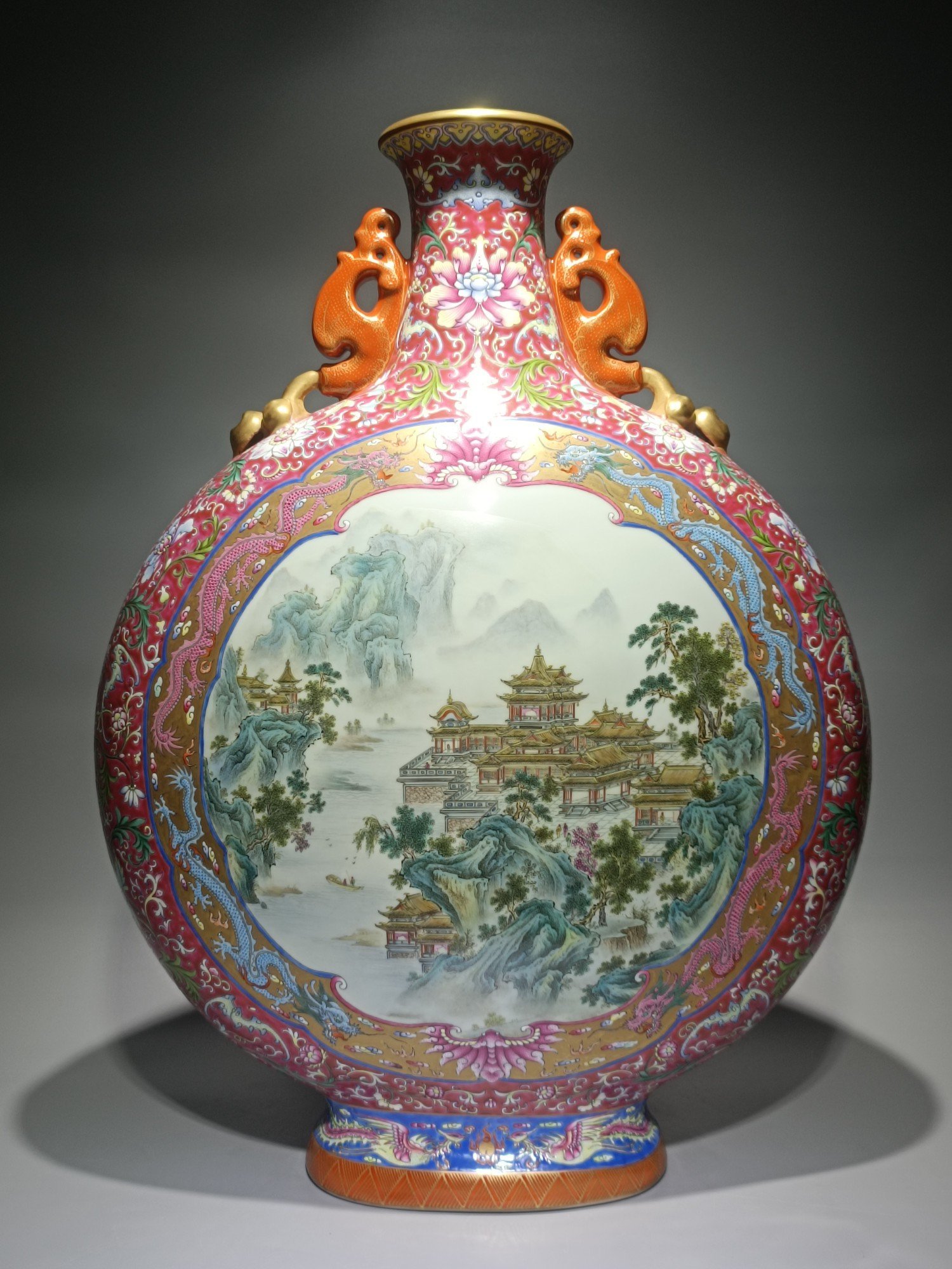 Qing Dynasty Qianlong pastel rouge ground blessing longevity and auspiciousness double-eared moon vase