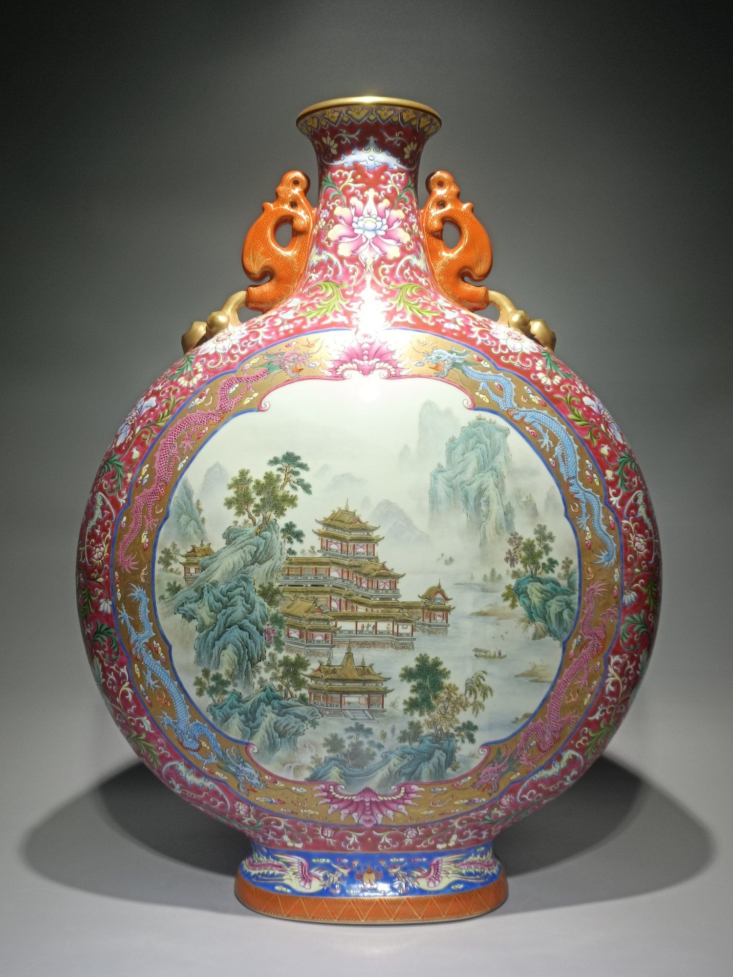 Qing Dynasty Qianlong pastel rouge ground blessing longevity and auspiciousness double-eared moon vase