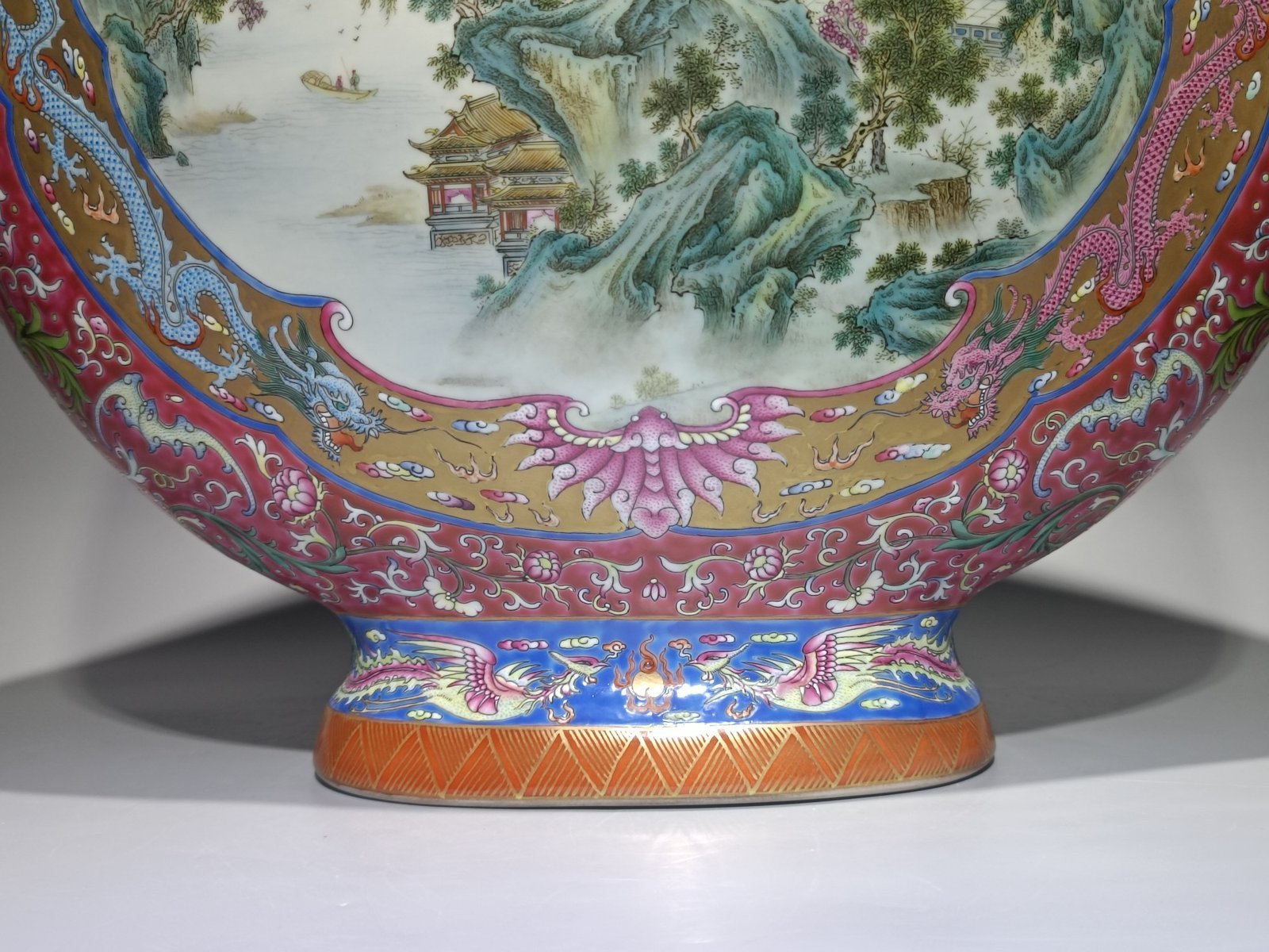 Qing Dynasty Qianlong pastel rouge ground blessing longevity and auspiciousness double-eared moon vase