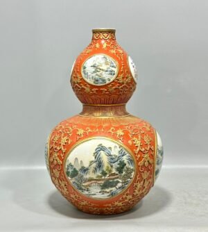 Qing Dynasty Qianlong pastel coral red carved gold-painted flowers figures poems and gourd vase
