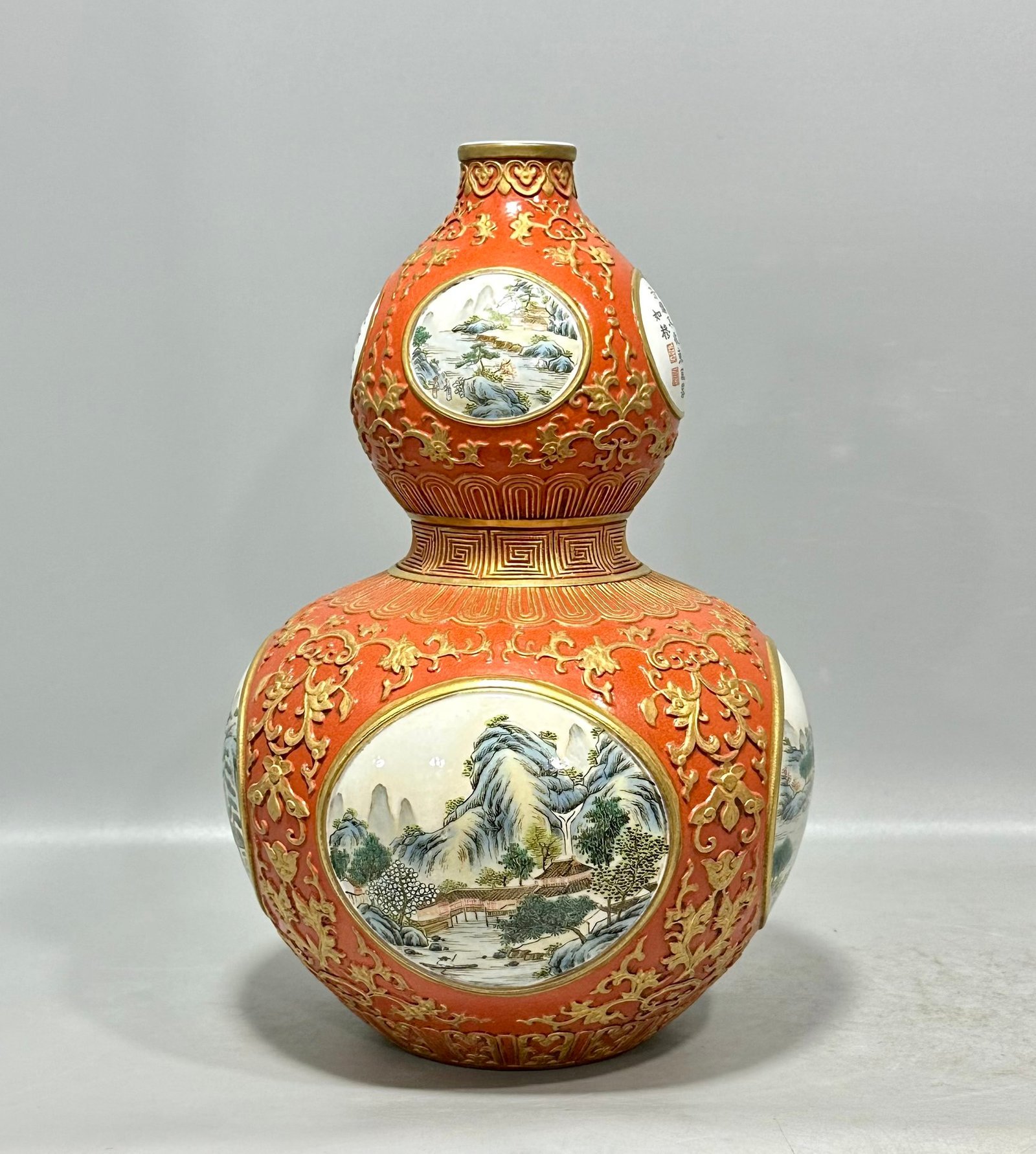 Qing Dynasty Qianlong pastel coral red carved gold-painted flowers figures poems and gourd vase